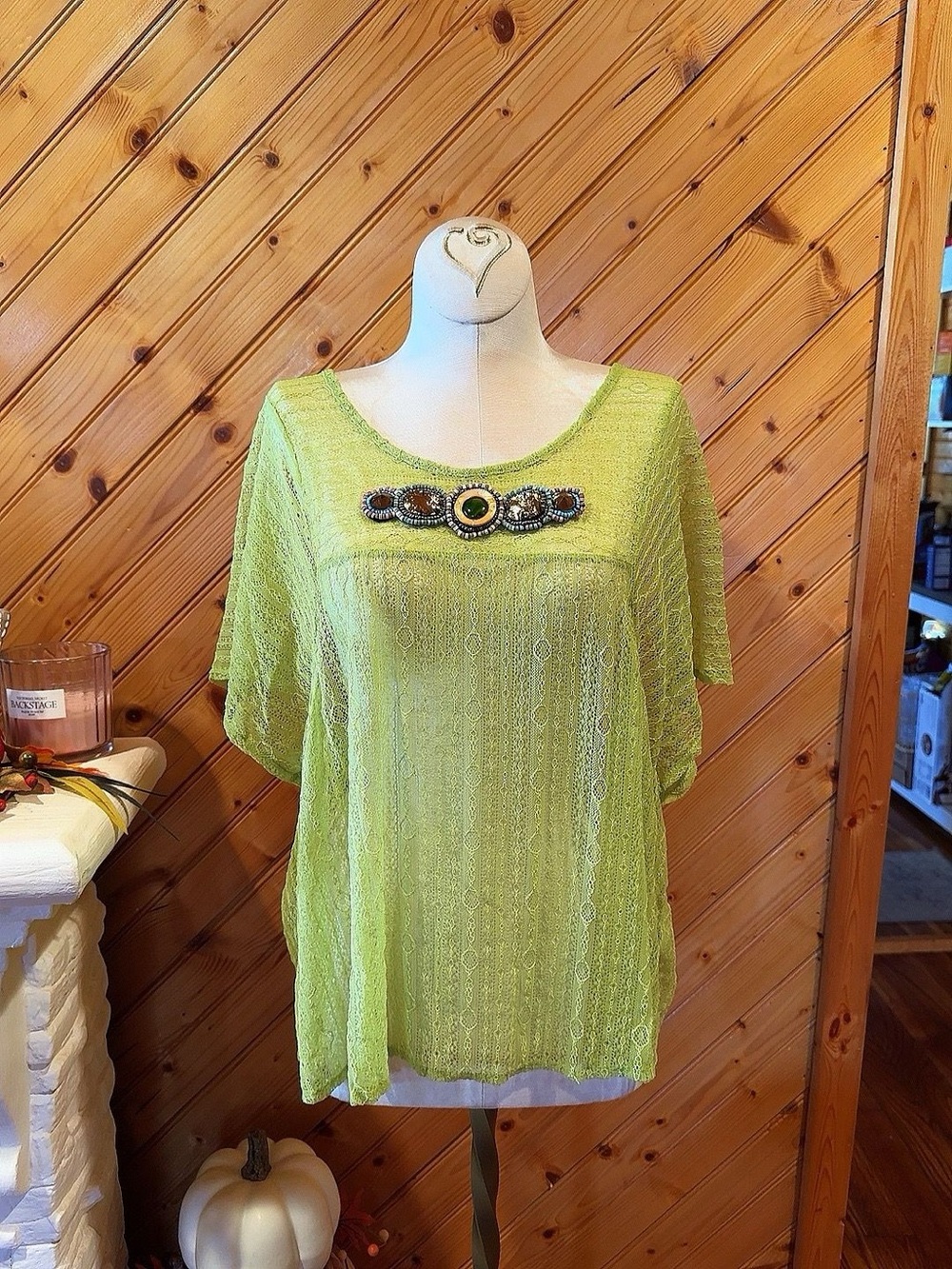 Ya Los Angeles Green Lace Beaded Boho Tunic Top Size L Early 2010s